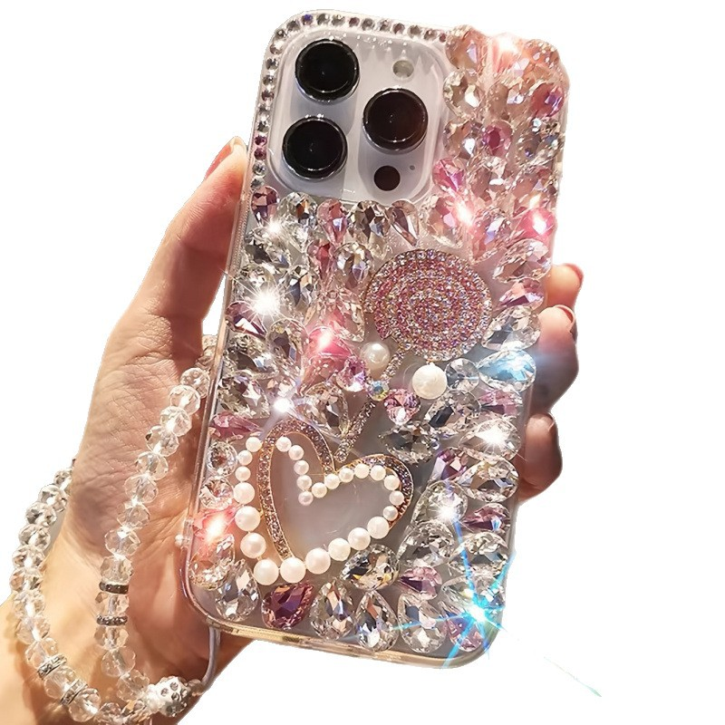 Luxury Fashion Rhinestone Pink Metal Glitter & Faux Pearl Heart Shockproof Phone Case