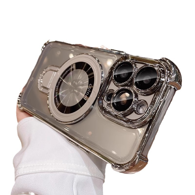 Luxury Plated Silver Phone Case With Camera Lens Protector & Magnetic Kickstand