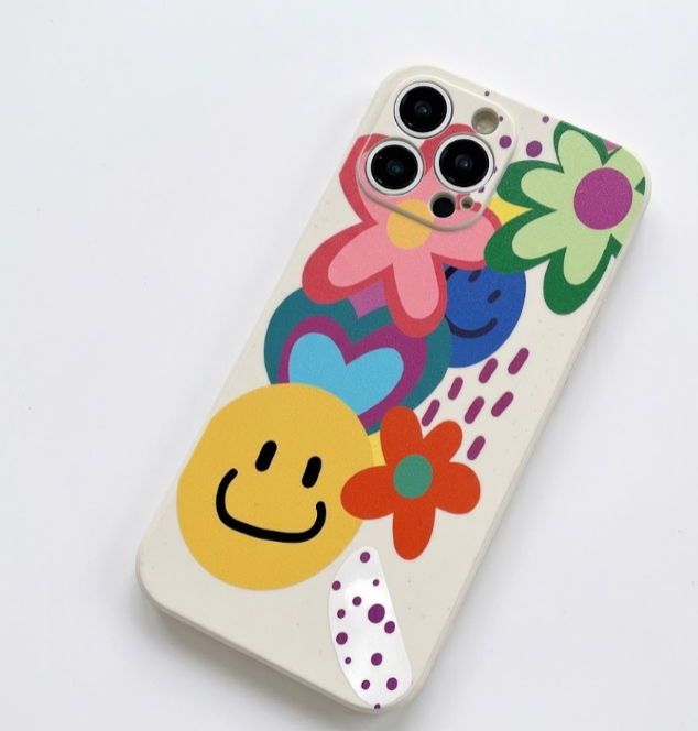 1pc White TPU Colorful Smiling Face Daisy Pattern Shockproof Phone Case And 1pc Colorful Beaded Bracelet